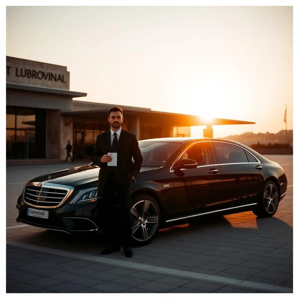 Professional chauffeur with name card in front of a black sedan at Dubrovnik Airport at golden hour